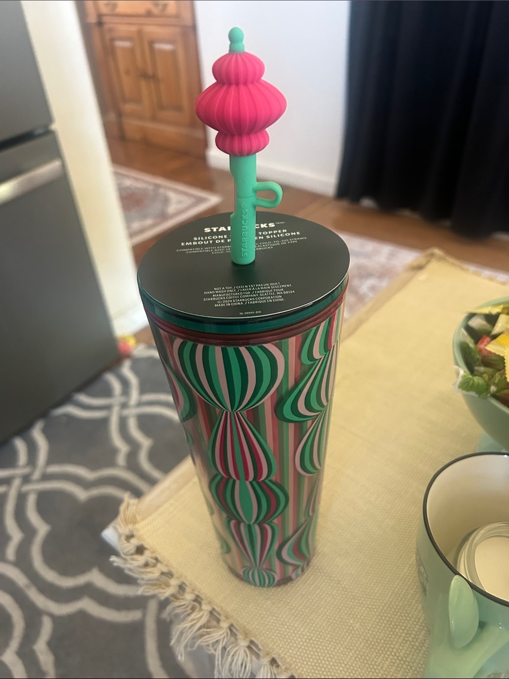 Starbucks Pink & Green Patterned Reusable Tumbler with Silicone Topper